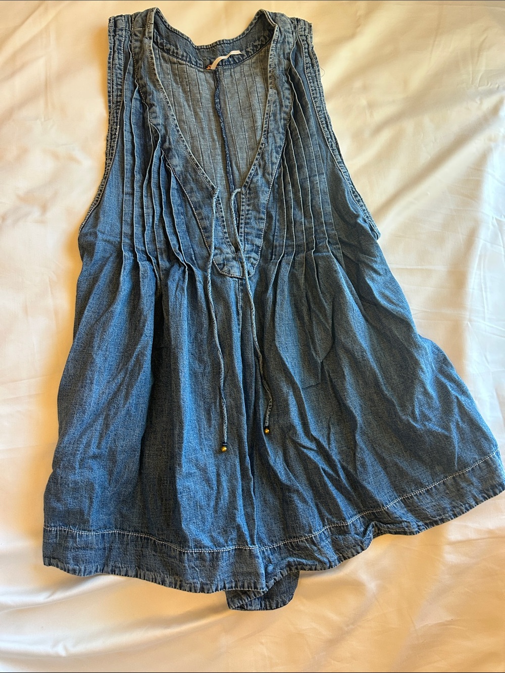 Blue Denim Sleeveless romper with Pintuck Detail